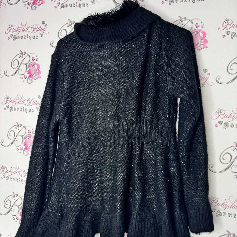 Valenti cardigan sequins sparkly furry fur neckline tie up Black Women's Sweater - Picture 4 of 10